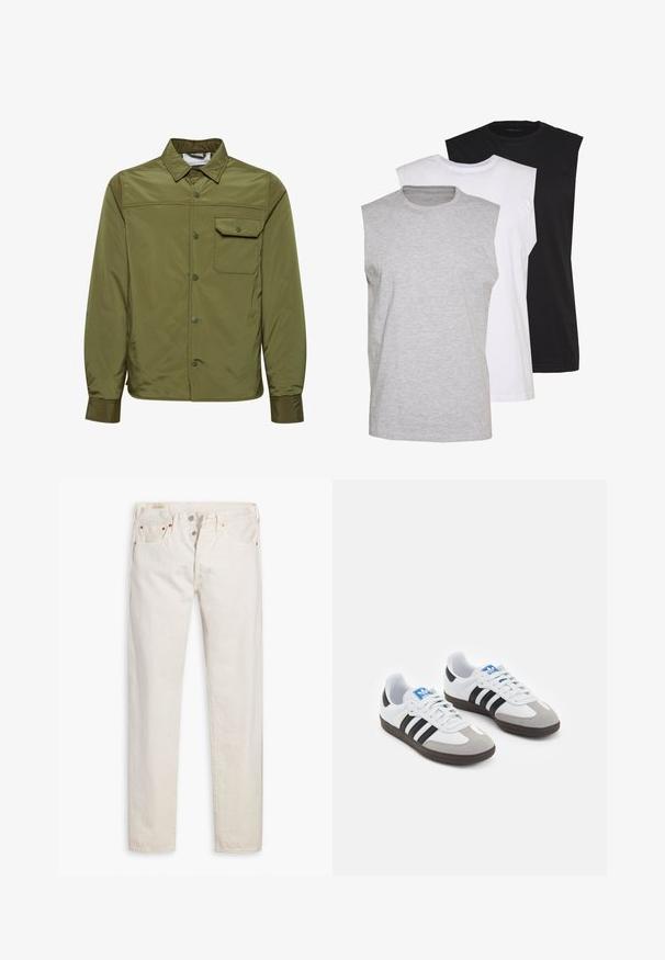 Olive green jacket made of smooth, lightweight material, featuring a button-up front, pointed collar, and a single chest pocket.; Three sleeveless t-shirts in gray, white, and black. Soft cotton material with a crew neck and relaxed fit. Simple design, no patterns.; Off-white high-rise slim-fit jeans with button fly, five pockets, and copper rivets, laid flat on a white background.; Sport shoes with a white leather upper, gray suede toe, and three black stripes. Features a blue logo on the tongue and a textured rubber sole.
