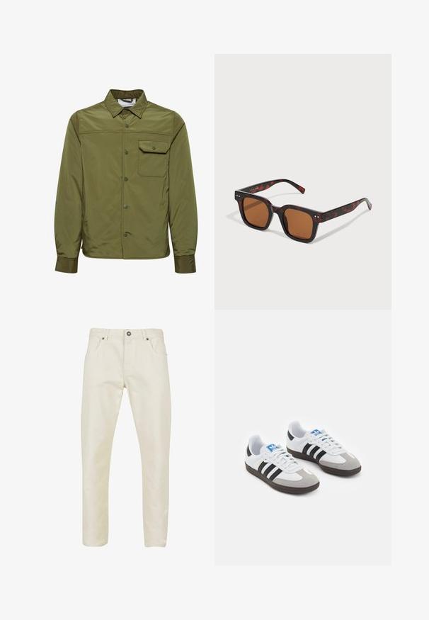 Olive rohelise jope, mis on valmistatud siledast ja kergest materjalist, varustatud nööpidega esiküljel, terava krae ja ühe rinnataskuga.; Kolm ilma varrukat särk hallis, valges ja mustas värvios. Pehme puuvillane materjal, ümar kaelus ja mugav lõige. Lihtne disain, ilma mustriteta.; Beežid puuvillased püksid, millel on sile tekstuur, sirge lõige, viie tasku disain ja metallne nööp sulgemiseks vööl.; Spordijalatsid valge nahkpealsega, halli nubuk-naha otsaga ja kolme musta triibuga. Omab sinist logo keele peal ja struktureeritud kummitalda.; Kilpkonnakuumus prillid paksu ruudukujulise raami, pruunide objektiivide ja diskreetsete hõbedaste accentidega templitel. Sile plastist tekstuur.