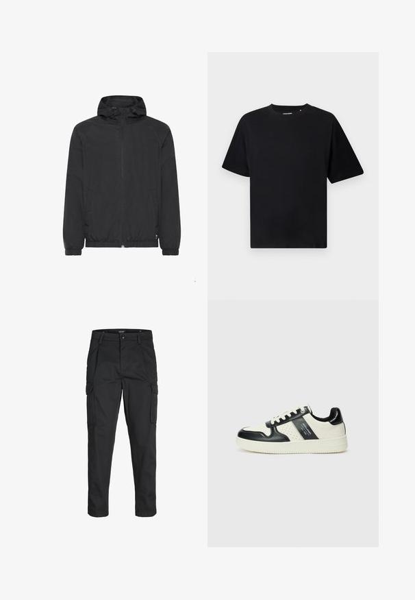 Black lightweight jacket with hood, elastic cuffs, and hem. Features a zipper closure and side pockets. Smooth, water-resistant fabric.; Black short-sleeve crew neck T-shirt with a relaxed fit, displayed on a white background.; Black cargo pants made of sturdy fabric, featuring multiple pockets, a button closure, and a slim fit design with tapered legs.; Leather sneakers with a black and cream color scheme, featuring perforated accents, a padded collar, and a textured outsole.