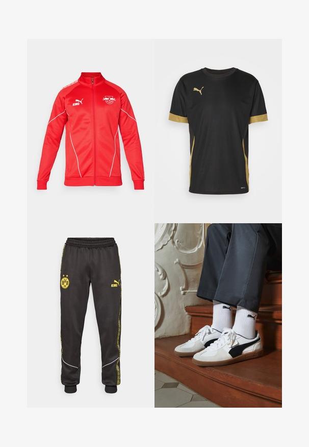 Punainen urheilu takki, jossa on korkea kaulus, täysivetoketju ja valkoiset yksityiskohdat. Rintataskussa ja olkapäässä on logot. Valmistettu sileästä kankaasta.; Musta urheilupaita, jossa on kultaiset yksityiskohdat hihoissa ja sivuilla. Omistaa pyöreän kauluksen, lyhyet hihat ja kosteuskuivaavaa DRYCELL-kangasta.; Mustat urheiluhousut, joissa on keltaiset Borussia Dortmund BVB 09 - ja Puma King -logot, joustava vyötärö ja kuvioidut keltaiset sivuraidat.; Puma-tenniset valkoisesta ja mustasta mokasta, joissa on ruskea kumipohja. Yhdistetty valkoisten sukkien kanssa, joissa on musta logo, tummien housujen kanssa.