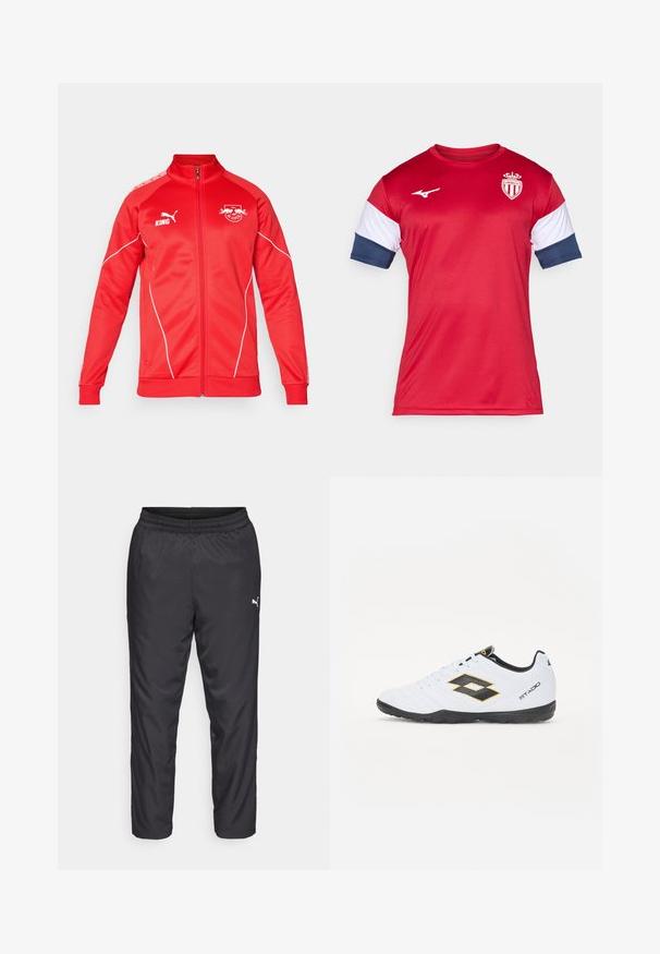 Rote Sportjacke mit hohem Kragen, durchgehendem Reißverschluss und weißen Akzenten. Mit Logos auf der Brust und dem Schulterbereich. Hergestellt aus glattem Stoff.; Rotes Sporttrikot mit kurzen Ärmeln, ausgestattet mit weißen und marineblauen Akzenten. Logo auf der Brust, glatte Textur, aus synthetischem Material gefertigt.; Schwarze Sporthosen aus glattem, leichtem Material. Sie verfügen über einen elastischen Bund und ein kleines weißes Logo auf der linken Seite.; Weiße Sportschuhe mit schwarzen und gelben Akzenten, ausgestattet mit einem strukturierten Obermaterial, runder Schuhspitze und einer schwarzen Gummisohle. Das Design beinhaltet ein Logodetail an der Seite.