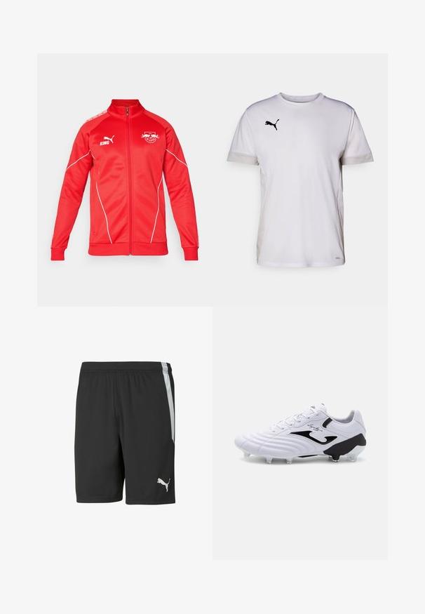 Red athletic jacket with a high collar, full zip, and white accents. Features logos on the chest and shoulder. Made from smooth fabric.; White short-sleeve athletic shirt with a round neckline, featuring breathable mesh accents on the sides and a black Puma logo on the chest.; Black athletic shorts made of lightweight fabric, featuring a white side stripe and a white Puma logo on the lower left front.; White soccer cleat with textured synthetic upper, black accents, lace closure, and six clear studs on a black outsole for traction.