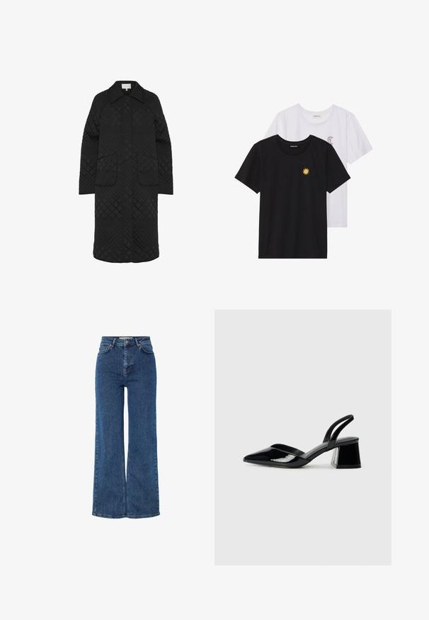 Melna quiltota jaka ar apkakli, kas izceļas ar dimanta rakstu, garām piedurknēm un divām priekšējām kabatām. Audumam ir gluda, matēta tekstūra.; Melnbaltie t-krekli, ar apaļu kaklu, īsām piedurknēm. Melnais krekls ar dzeltenu saules izšuvumu; baltais ar purpursarkanu mēness akcentu.; Augsta vidukļa zils denim bikses ar platām kājām, kurām ir tradicionālais piecu kabatu dizains, metāla pogas aizdare un kontrastējošs šuvums.; Melna lakota āda ar atvērto papēdi, ar smailu purngalu un ģeometrisku blokpapēdi. Iezīmējas elegants, minimāls dizains un gluda tekstūra.