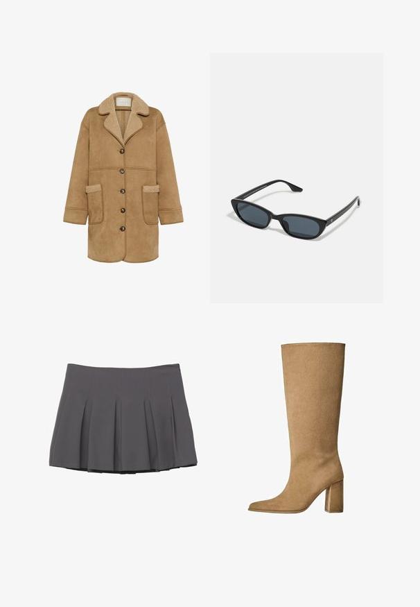 Kaffe MARLIE - Halflange jas - toasted coconut; Lichtblauw overhemd met lange mouwen, voorzien van een button-down kraag, een enkele borstzak en een ontspannen pasvorm. Zachte stofstructuur en klassiek ontwerp.; Grijze geplooide rok met een gladde textuur, voorzien van gestikte details en een aansluitende tailleband, eindigend op dijhoogte.; Tan kleurige suède laarzen tot de knie met een blokhak, voorzien van een spitse neus en een gladde textuur. Minimalistisch ontwerp zonder versieringen.; Zwarte cat-eye zonnebril met donkere lenzen, kunststof frame, slanke pootjes en subtiele branding op de binnenkant van de poot. Mat afgewerkte textuur.; Bruine suède handtas met twee stevige handvatten, een rechthoekige vorm en een decoratieve band over de voorkant.