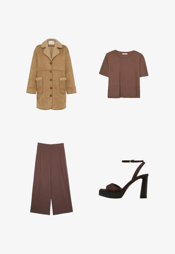 Kaffe MARLIE - Kurzmantel - toasted coconut; Braunes, kurzärmliges T-Shirt aus weichem Material mit rundem Halsausschnitt und lockerer Passform. Keine sichtbaren Muster oder Akzente.; Braune Weite-Leg-Hosen mit einer glatten Textur, hoher Taille und Vorderfalten. Der Stoff ist leicht und fällt locker.; Braune Wildleder-Pumps mit offenem Zeh, verstellbarem Knöchelriemen und gestreiftem Plateausohlen.