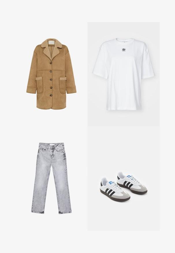 Kaffe MARLIE - Cappotto corto - toasted coconut; T-shirt bianco a maniche corte in cotone. Presenta un collo rotondo e un piccolo logo Adidas nero sul petto. Orlo dritto.; Jeans in denim grigio con taglio dritto, dettagli sfilacciati, cinque tasche e rivetti in rame. La cintura presenta un'etichetta con il logo.; Scarpe sportive con tomaia in pelle bianca, punta in suede grigia e tre strisce nere. Presentano un logo blu sulla linguetta e una suola in gomma testurizzata.