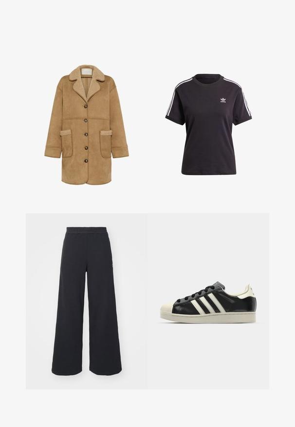 Kaffe MARLIE - Kurzmantel - toasted coconut; Schwarzes Baumwoll-T-Shirt mit kurzen Ärmeln und Rundhalsausschnitt, mit weißen Streifen auf den Schultern und einem kleinen weißen Adidas-Logo auf der Brust.; Schwarze weite Sweatpants aus weichem Material, mit einem elastischen Taillenbund und einem kleinen Logo auf der linken Seite.; Schwarze Ledersneaker mit weißen Streifen, Gummikappe, schwarzen Schnürsenkeln und einer cremefarbenen Sohle. Glatte Textur mit glänzender Oberfläche.