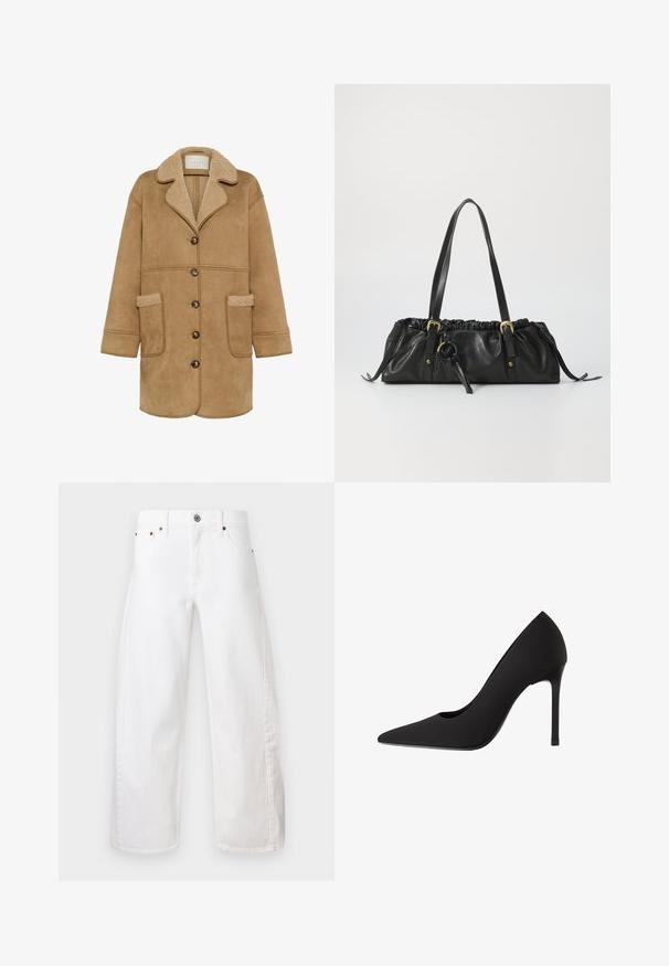 Kaffe MARLIE - Pitkä takki - toasted coconut; Valkoinen hihaton toppi, ribbed rakenne, pyöreä pääntie, hihaton malli, tiukka muoto, hillitty brändäys kauluksella sisäpuolella.; Valkoiset leveälahkeiset farkut puuvilladenimistä. Varustettu napilla ja vetoketjulla, etutaskuilla sekä huomaamattomalla ompelemalla saumoissa.; Musta korkeakorkoinen korkokenkä teräväkärkisellä, hienostuneella satiinipinnalla ja stiletto-korkealla. Suunniteltu hienovaraisella leikkuulla sivussa.; Mustassa nahkabagissa on kerrostettu yläosa, kaksi olkahihnaa, kullanvärinen metalliosuus ja keskellä pyöreä yksityiskohta. Pehmeä pinta ja kompakti muoto.