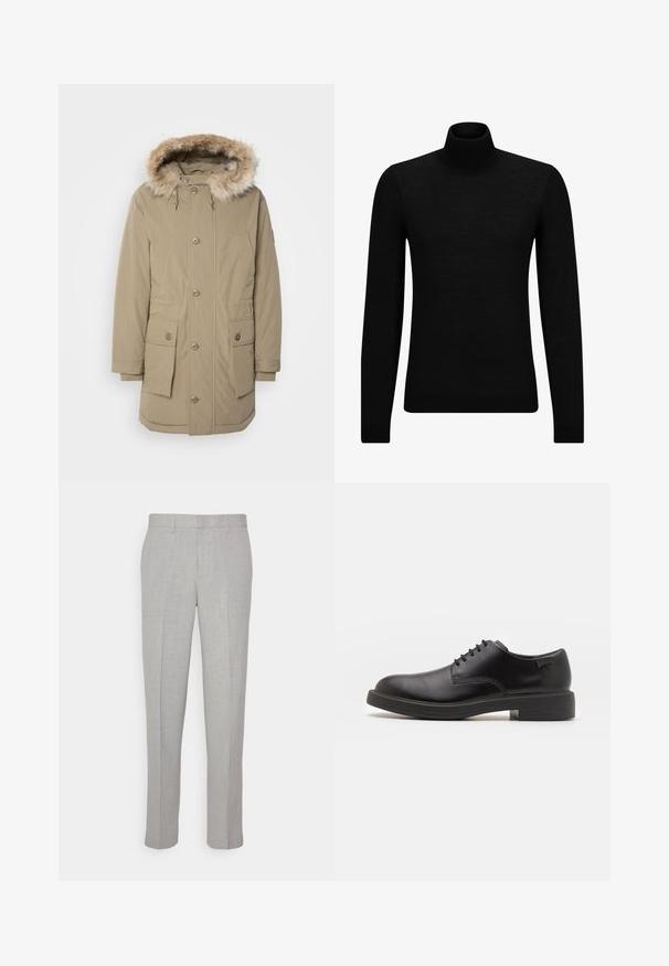 Beez parka jakk, millel on faux karusnahast kapuuts, ees olev tõmblukk ja nupud, kaks suurt esikot ja elastsed mansetid. Pehme, tekstureeritud kangas.; Musthave muströid ja pehmest materjalist must turtleneck, millel on pikad varrukad ja tihe istuvus. Ribaga ääris allservas ja vöökohal. Lihtne disain.; Heledad hallid püksid sileda tekstuuriga, lame esiots ja sirged sääred. Valmistatud hingavast kangast, millel on sisepocketid ja vöölõngad.; Must beemel levalis kingad ümarate varvastega, sileda pinnaga, minimaalsete õmblustega ja madala kummist kontsaga. Logo kontsa peal.