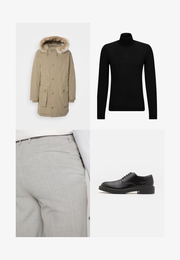 Parka beige con capucha con borde de piel sintética, cierre frontal con cremallera y botones, dos grandes bolsillos frontales y puños elásticos. Tejido suave y texturizado.; Jersey de cuello alto negro hecho de un material suave, con mangas largas y un ajuste ceñido. Ribete acanalado en el dobladillo y los puños. Diseño simple.; Pantalones grises claros a medida hechos de tela texturizada, con un solo bolsillo trasero y costuras limpias.; Zapato negro de cuero con cordones, punta redondeada, textura suave, costuras mínimas y tacón bajo de goma. Logo en el tacón.