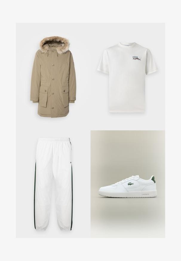 Beige parka jacket met een met nepbont afgewerkte capuchon, vooraan met rits en knoopsluiting, twee grote voorzakken en elastische manchetten. Zacht, textuurstof.; Witte katoenen T-shirt met een ronde hals, korte mouwen en een klein geborduurd logo met bergen en tekst op de linkerborst.; Witte trainingsbroek met donkergroene zijpanelen. Lichtgewicht materiaal, elastische tailleband en boordjes aan de onderkant. Heeft een meshstructuur op de zijpanelen.; Witte leren sneaker met een gladde afwerking, groene accenten op de hak en een groen logo aan de zijkant. Beschikt over een platte zool en een ronde neus.