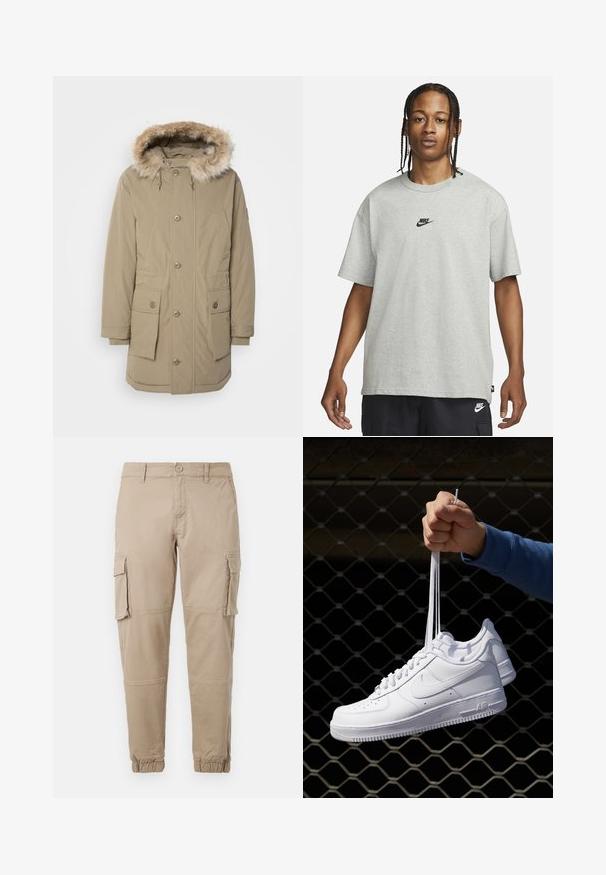 Beige parka-jacka med en huva kantad med konstfuskpäls, framzipper och knappstängning, två stora framfickor och elastiska muddar. Mjuk, texturerad tyg.; Ung person med flätat hår iklädd en ljusgrå Nike T-shirt och svarta Nike-shorts framför en enkel vit bakgrund.; Beiga cargobyxor i ett lätt bomullsmaterial. Har elastiska mudd, flera sidofickor och en knappstängning.; Vita lädersneakers med perforeringar, rund tå, platt sula och tjocka snörning, med en synlig swoosh-logga och "AIR" på hälen.