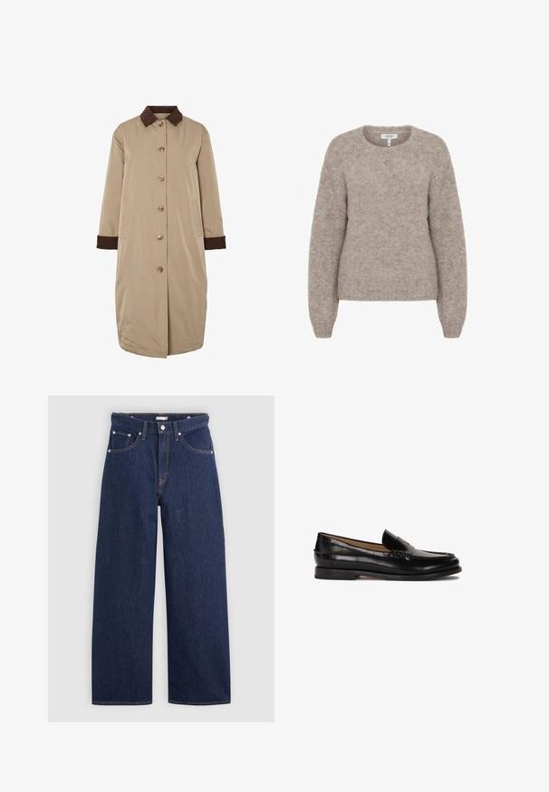 Cappotto beige con colletto in velluto a coste marrone, chiusura frontale con bottoni, maniche lunghe e tasche laterali. Tessuto morbido con un design fino al ginocchio.; b.young BYMILLER - Maglione - humus melange; T-shirt bianco in cotone con maniche corte e collo rotondo. Presenta un'etichetta rosa all'interno del collo. Texture liscia.; Jeans a gamba larga in denim blu scuro con vita alta, dotati di cinque tasche, passanti per la cintura e dettagli in cucitura color rame. Texture liscia.; Mocassino in pelle nera con punta arrotondata, design slip-on e dettagli di cucitura discreti lungo la parte superiore. Suola piatta in gomma.