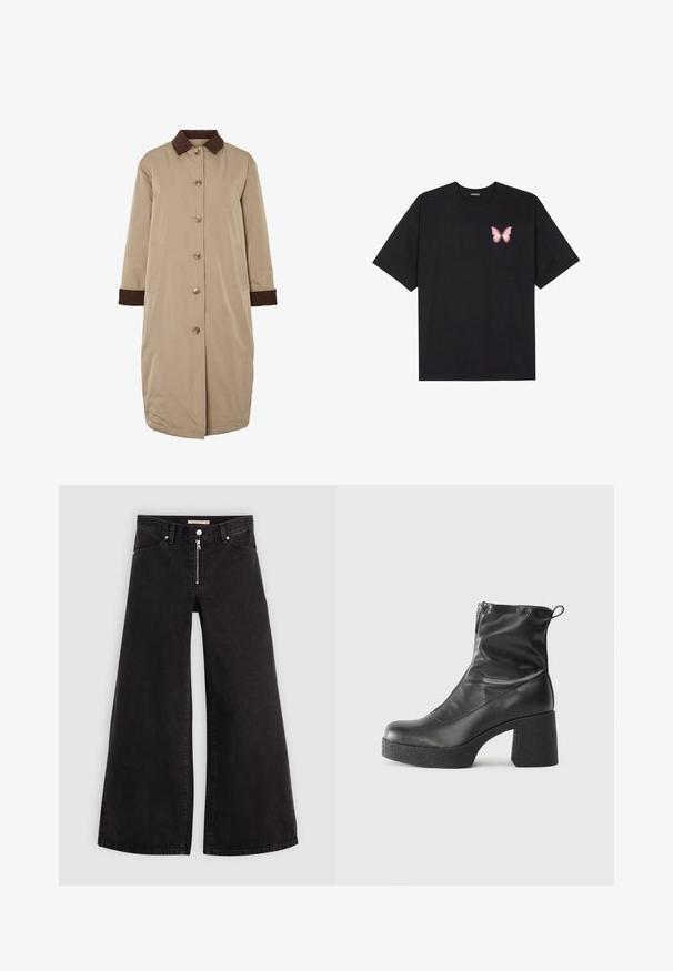 Palton bej cu guler din corduroy maro, închidere cu nasturi pe față, mâneci lungi și buzunare laterale. Tela netedă cu un design până la genunchi.; Tricou negru din bumbac cu mâneci scurte, având pe partea stângă a pieptului un mic grafic cu un fluture roz. Design cu guler rotund și croială lejeră.; Jeans cu picioare largi din denim negru, cu fermoar în față, design cu cinci buzunare și detalii subtile de cusătură. Textură netedă și stil casual.; Bocanci negri de glezna din piele netedă, cu fermoar lateral, toc texturat și masiv, și design cu vârf rotund.