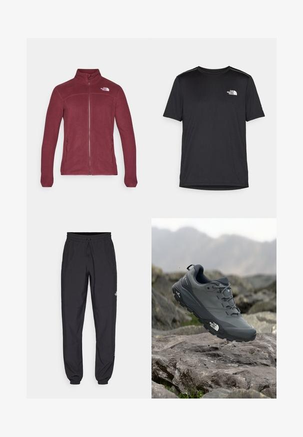 The North Face - Kurtka z polaru; Czarny t-shirt z krótkim rękawem, wykonany z lekkiego materiału. Posiada małe białe logo na lewej piersi oraz subtelne akcenty na ramionach.; Czarne spodenki sportowe wykonane z lekkiego materiału, z elastycznym pasem na sznurek, bocznymi kieszeniami i zwężanymi mankietami przy kostkach.; Szare buty do biegania w terenie z teksturową cholewką, trwałą gumową podeszwą i wzmocnionym noskiem. Posiadają sznurowadła oraz logo marki z boku.