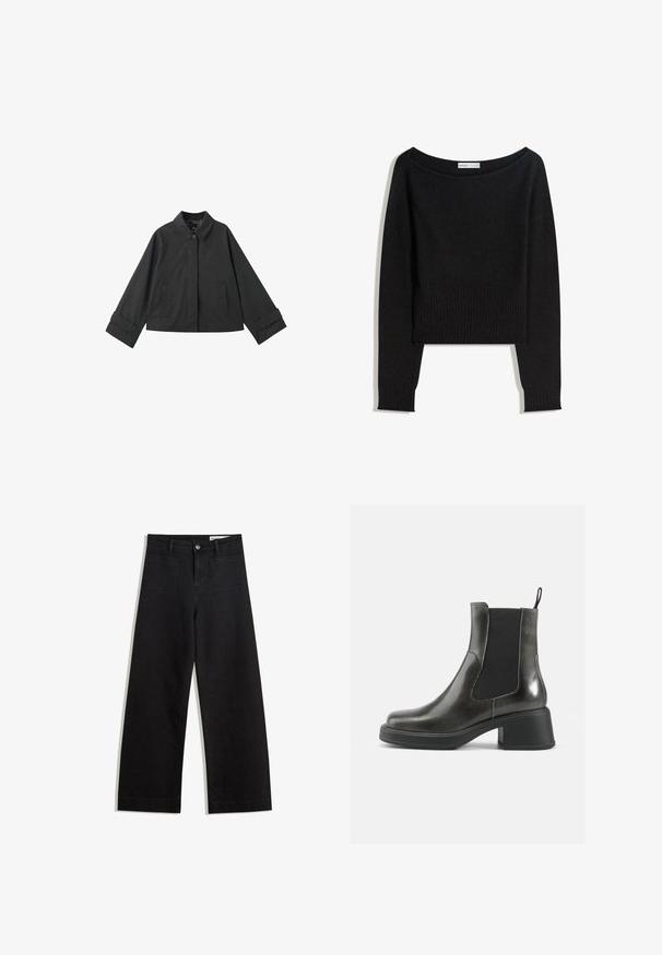 Jachetă neagră croppată cu guler, închidere cu buton, două buzunare frontale și mansete largi pe mânecile lungi.; Pulover negru din tricot cu decolteu pe umeri, mâneci lungi și manșete și tiv tivuite. Confecționat din material moale și texturat.; Pantaloni din denim negri cu picioare largi, cu talie înaltă, având buzunare frontale și posterioare, cusături dublate și închidere cu nasture. Textură netedă.; Botine negre din piele cu un finisaj neted, panouri laterale elastice și un toc gros. Au un punct de sprijin pentru a fi mai ușor de încălțat.