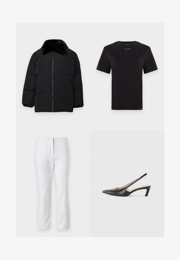 Black puffer jacket featuring a faux fur collar, zip closure, elastic cuffs, and a quilted design with horizontal stitching.; Black cotton t-shirt with short sleeves, crew neck, and small white "Calvin Klein" logo at the chest. Smooth texture, classic fit.; White cotton pants with a straight leg design, featuring a mid-rise waist and no visible hardware or patterns. Smooth texture throughout.; Black pointy-toed slingback shoe with a low heel, featuring smooth leather material and cut-out design on the side for breathability.
