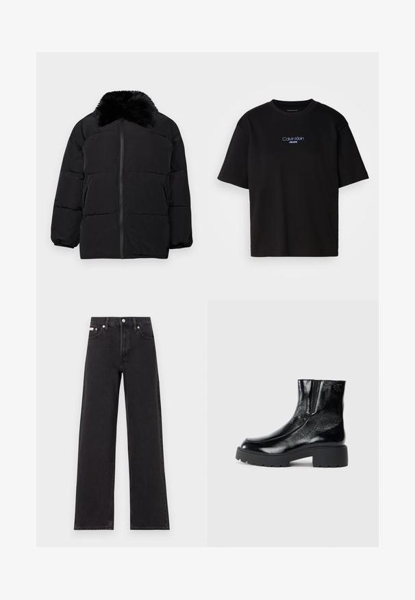 Black puffer jacket featuring a faux fur collar, zip closure, elastic cuffs, and a quilted design with horizontal stitching.; Black cotton t-shirt with a round neck, short sleeves, and blue embroidered "Calvin Klein JEANS" logo on the front.; Black wide-leg jeans made of denim, featuring a high-rise waist, five-pocket styling, and a metal button closure with contrasting stitching.; Black ankle boots with a glossy patent leather finish, chunky black rubber sole, and raised heel; includes subtle logo detail on the side.