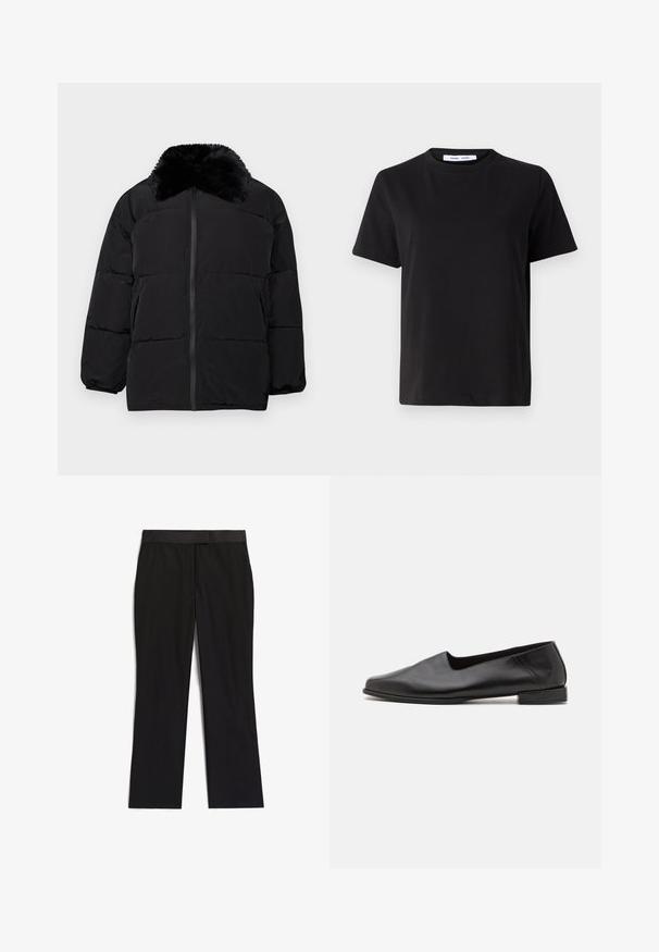 Svart pufferjakke med fuskepelskrage, glidelås, elastiske mansjetter og quiltet design med horisontal søm. ; Svart kortermet t-skjorte laget av myk bomull, med rund hals, avslappet passform og en jevn tekstur. Ingen synlige mønstre eller grafikk.; Sorte bukser med en glat tekstur, lige ben-design, flad talje, og uden synlig hardware eller mønstre.; Sort lær flatsko med en glat tekstur. Har en lav, rektangulær hæl og en rund tå. Simpelt design med minimale accenter.