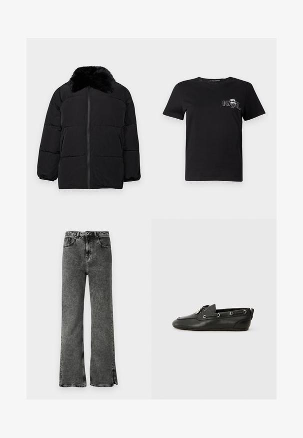 Giacca a vento nera con collo in pelliccia sintetica, chiusura con zip, polsini elasticizzati e design trapuntato con cuciture orizzontali.; T-shirt nera a maniche corte in cotone. Presenta una grafica bianca con il testo "KARL" e una figura stilizzata sul petto. Collo rotondo.; Jeans neri a zampa d'elefante con un lavaggio sbiadito, vita alta e spacchi laterali all'orlo. Realizzati in denim con una texture morbida e un classico design a cinque tasche.; Scarpe da barca in pelle nera con punta arrotondata, allacciatura frontale, occhielli in metallo e suola piatta. Presentano una piccola linguetta sul retro.