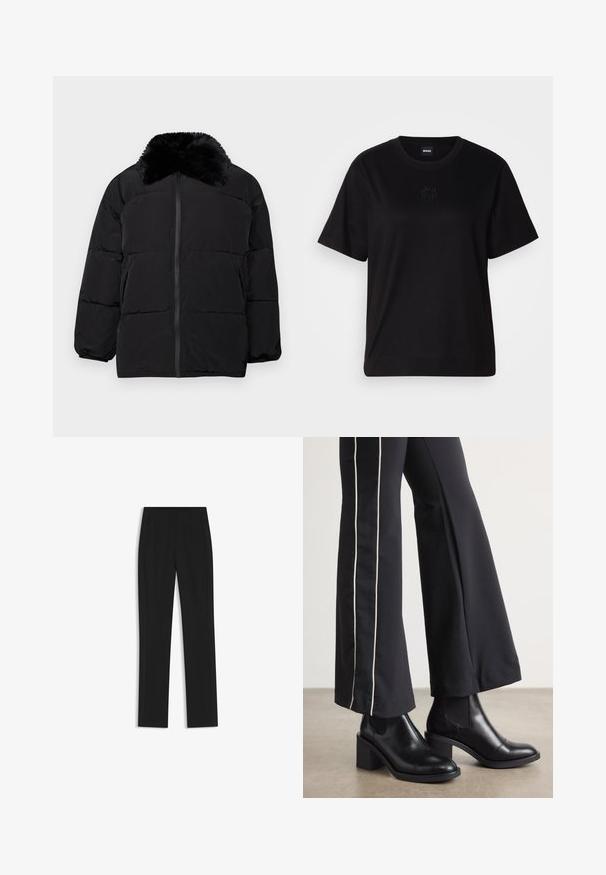 Giacca a vento nera con collo in pelliccia sintetica, chiusura con zip, polsini elasticizzati e design trapuntato con cuciture orizzontali.; Maglietta in cotone nera con scollatura tonda, maniche corte e logo ricamato sul petto. Design semplice e vestibilità rilassata senza motivi.; Pantaloni neri su misura con un design a gamba dritta, dotati di tasche frontali e un tessuto liscio e strutturato. Dettagli ordinati e minimalisti.; Stivaletti in pelle nera con tacco a blocco, dotati di pannelli elastici sui lati. Abbinati a pantaloni neri con una striscia bianca laterale.