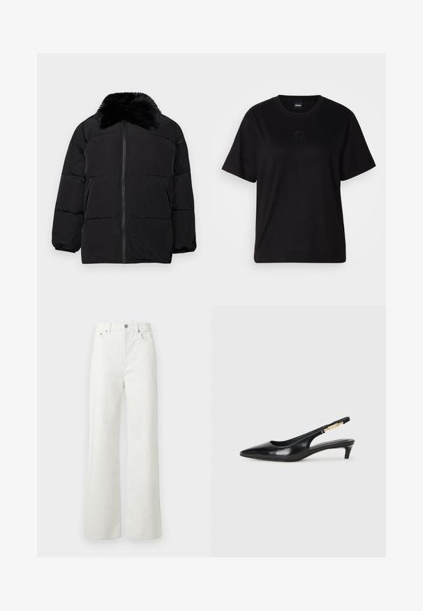 Čierna prešívaná bunda s umelou kožušinou na golieriku, na zips, s elastickými manžetami a prešívaným dizajnom s horizontálnym šitím.; Čierne bavlnené tričko s okrúhlym výstrihom, krátkymi rukávmi a vyšívaným logom na hrudi. Jednoduchý, voľný strih bez vzorov.; Samsøe Samsøe SHELLY - Džínsy voľného strihu - clear cream; Čierne kožené slingback opätky s špicatou špičkou, s úzkym opätkom a zlatým detailom na nastaviteľnom remienku. Hladká textúra.