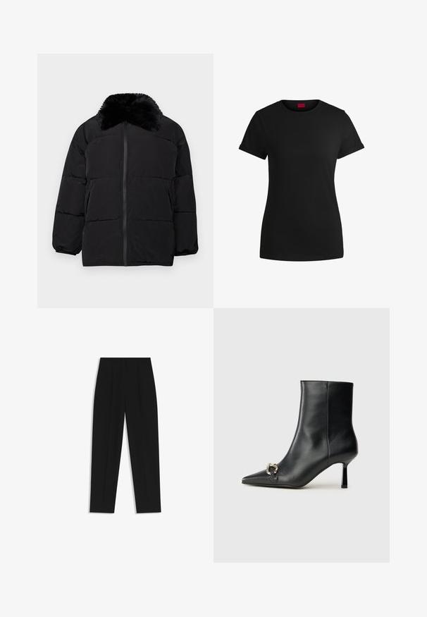 Black puffer jacket featuring a faux fur collar, zip closure, elastic cuffs, and a quilted design with horizontal stitching.; Black cotton t-shirt with short rolled sleeves, a round neckline, and a red label. Smooth texture, fitted shape with minimal detailing.; Black trousers with a straight fit, featuring double pleats, a smooth texture, and a classic waistband design. No visible hardware or accents.; Black leather ankle boot with pointed toe, slim mid-height heel, and silver buckle detail on side against plain background.