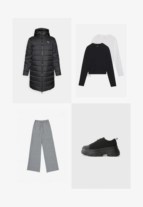 Schwarze Daunenjacke mit Kapuze, ausgestattet mit einem Reißverschluss vorne und seitlichen Taschen. Das Design hat eine gesteppten Textur und eine schlanke Passform. Logo angebracht.; Zwei langärmelige Hemden: eines schwarz und eines weiß. Beide haben einen Rundhals, Raglanärmel und bestehen aus einem weichen Baumwollmischgewebe.; Graue weit geschnittene Hose aus einem strukturierten Stoff mit einem dezenten vertikalen Streifenmuster, ausgestattet mit einem elastischen Bund und einem Kordelzug.; Schwarze Sneakers mit einer dicken Gummisohle, strukturiertem Obermaterial, runder Zehenpartie und Schnürdesign. Verfügt über verstärkte Ösen und eine Schlaufe an der Rückseite.