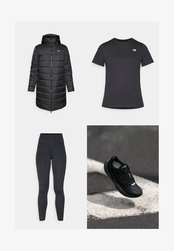 Fekete steppelt dzseki kapucnival, elöl cipzárral és oldalzsebekkel. A dizájn steppelt textúrájú és karcsú fazonú. Logó látható.; Fekete, rövid ujjú póló puha anyagból, a bal felső mellrészen egy kis szürke New Balance logóval, klasszikus kerek nyakú fazonnal.; Magas derekú fekete leggings, rugalmas anyagból készült, sima textúrával és testhezálló dizájnnal, minimális varrási részletekkel.; Fekete futócipő textúrált felsőrésszel, karcsú dizájnnal és fényvisszaverő részletekkel. Puha, párnázott talppal a kényelem érdekében.