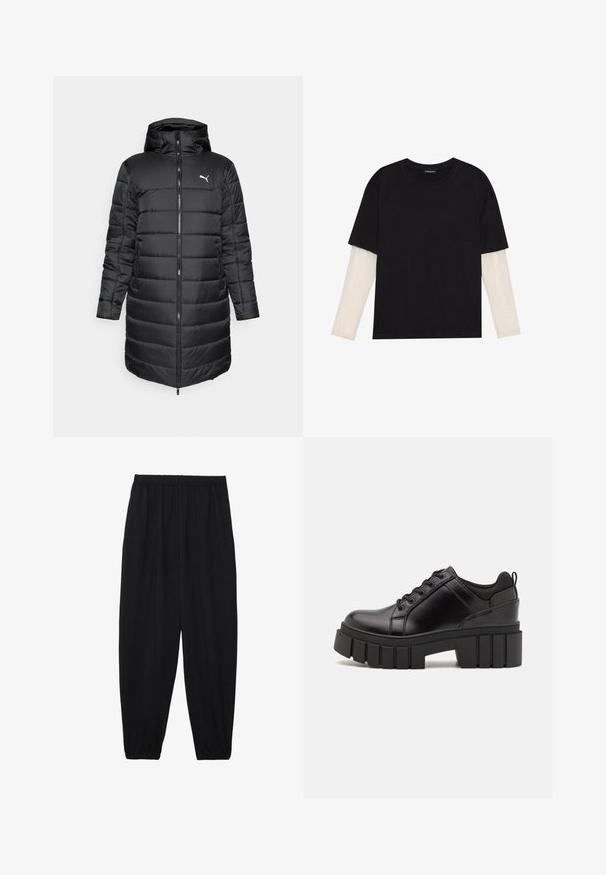 Schwarze Daunenjacke mit Kapuze, ausgestattet mit einem Reißverschluss vorne und seitlichen Taschen. Das Design hat eine gesteppten Textur und eine schlanke Passform. Logo angebracht.; Schwarzes T-Shirt aus Baumwolle mit kurzen Ärmeln über einer weißen Langarmschicht, die ein dezentes strukturiertes Muster aufweist. Rundhalsausschnitt.; Schwarze, leichte Hosen mit einem elastischen Bund und gerafften Knöcheln. Der Stoff ist glatt und hat ein entspanntes, schmal zulaufendes Design.; Schwarze Lederplateauschuhe mit klobigem Blockabsatz, runder Zehenpartie und traditionellem Schnürdesign. Verfügt über eine glatte Textur und minimale Details.