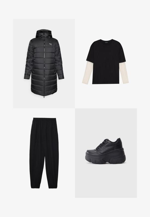 Must musta puffer jakk musta kapuutsiga, millel on tõmblukk ees ja küljetaskud. Kujundusel on tikitud tekstuur ja sale siluett. Logo on nähtaval.; Mustmust särk, mis on valmistatud puuvillast, lühikeste varrukatega, valge pika varrukaga kihi peal, millel on peene tekstuuriga muster. Ümar kaelus.; Mustad, kerge kangas püksid elastse vöökoha ja kokku volditud pahkluudega. Kanga pind on sile ja disain on lõdvestunud, kitsenev.; Mustad mustaga värvi kingad, millel on paks tald, sile nahk peals, ümar nina ja eristuva kihilise platvormi disain.