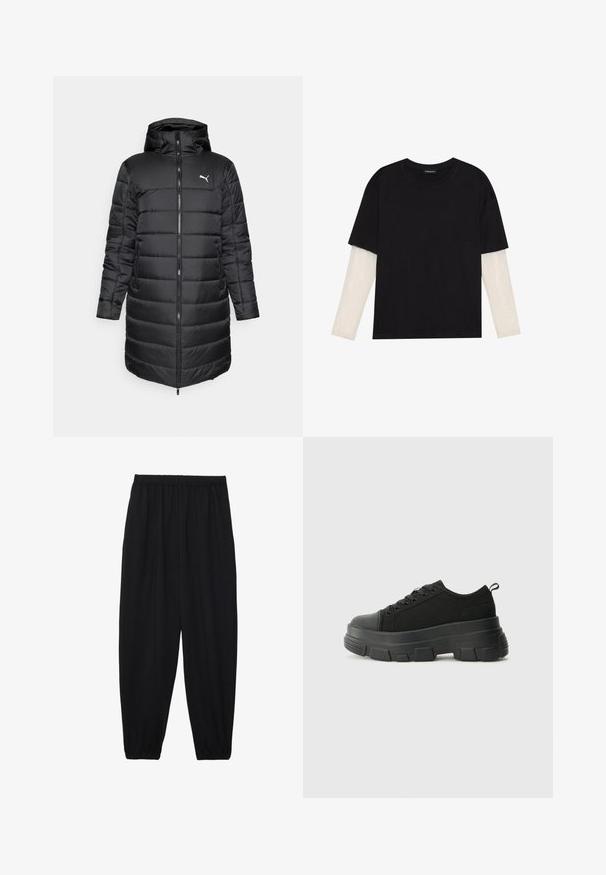 Sort dunjakke med hætte, med lynlås fortil og sidelommer. Designet har en quiltet tekstur og en tætsiddende silhuet. Logo vist.; Sort T-shirt lavet af bomuld, med korte ærmer over et hvidt langærmet lag med et subtilt tekstureret mønster. Design med rund hals.; Sort, lette bukser med elastisk talje og sammenfoldede ankler. Stoffet er glat og har et afslappet, indsnævret design.; Sorte sneakers med en kraftig gummisål, tekstureret stofoverdel, rund tå og snørredesign. Har forstærkede snørrehuller og en trækkrog bagpå.