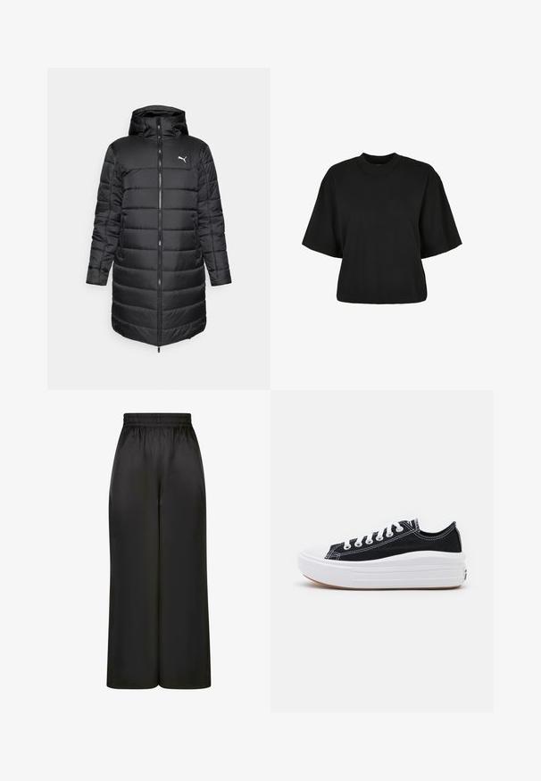 Sort dunjakke med hætte, med lynlås fortil og sidelommer. Designet har en quiltet tekstur og en tætsiddende silhuet. Logo vist.; Sort cropped t-shirt lavet af bomuld. Har korte ærmer og rund halsudskæring. Glat tekstur med et enkelt design, ingen ekstra mønstre.; Sorte brede bukser lavet af glat, skinnende stof med elastisk talje og uden synlige lommer eller hardwaredetaljer.; Sorte kanvas sneakers med hvide snørebånd, hvid gummitåhætte og en kraftig hvid mellemsål. Har diskret hvid syning og en gummisål.