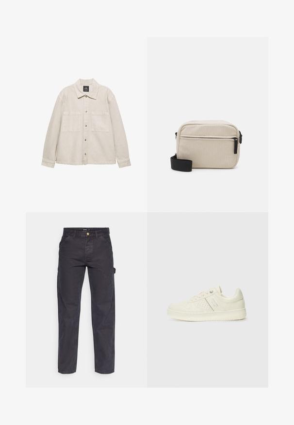 Licht beige button-up jas gemaakt van zachte stof, met een puntige kraag, twee borstzakken en lange mouwen. Minimalistisch ontwerp.; Lichtbeige sweatshirt van zachte stof met een ronde hals, lange mouwen en geribbelde boorden en zoom. Minimalistisch ontwerp, geen zichtbare patronen.; Donkergrijze cargobroek van duurzaam materiaal, met een rechte pijp, vijf zakken en een knoopsluiting in de taille.; Crème-kleurige sneaker met geperforeerde details, veters en een logo aan de zijkant, weergegeven tegen een eenvoudige witte achtergrond.; Crème-kleurige corduroy schoudertas met een zwarte rits, afneembare schouderband en een gestructureerd patroon. Bevat één hoofdcompartiment en een voorvak.