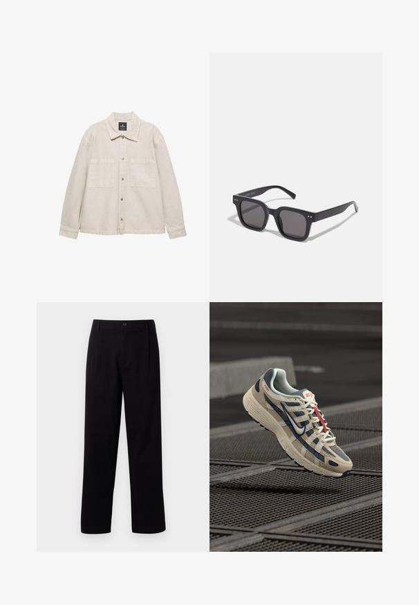 Lys beige knap-up jakke lavet af blødt stof, med spidse krave, to brystlommer og lange ærmer. Minimalistisk design.; Beige cardigan lavet af blødt, tekstureret strik. Har en rund halsudskæring, ribbekantede manchetter og en cropped søm med sænkede skuldre.; Sort og hvid crew-neck t-shirts, korte ærmer, lavet af bomuldsstof, glat tekstur, med branding på udskæringen.; Sorte stofbukser med lige snit, forknytninger foran og en enkelt knaplukning. Glat tekstur og ingen synlige mønstre.; Beige og marineblå Nike P-6000 sneaker, der svæver over en metalrist overflade med detaljerede mesh- og ruskindsstrukturer.; Sorte rektangulære solbriller med mørke linser, der har en tyk ramme, subtile detaljer på siderne og uden synlige logoer udover mærkenavnet.; Bomuldsnettaske i creme med et stort teal-logo med buede linjer. Tasken har solide stropper til at bære.