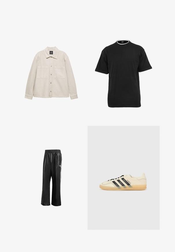 Lys beige knap-up jakke lavet af blødt stof, med spidse krave, to brystlommer og lange ærmer. Minimalistisk design.; Sort bomulds T-shirt med korte ærmer, rund halsudskæring og kontrasterende hvid kant langs kraven og ærmekanterne.; Sorte syntetiske træningsbukser med elastisk talje, prydet med hvide side-striber og et lille hvidt logo på venstre hofte.; Lys cremefarvet sneaker med sort tre-stribe-design, tekstureret overdel, rund tå og gummisål. Har snørebånd og branding på siden.