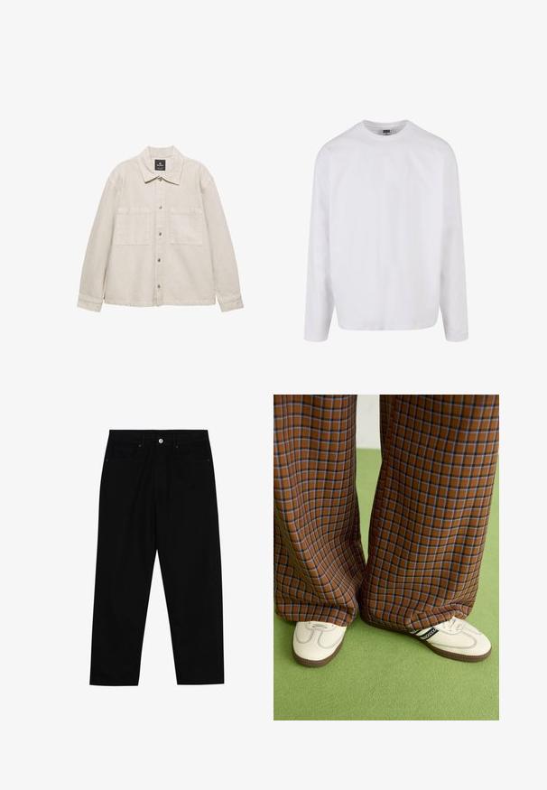 Világos bézs gombos dzseki, puha anyagból készült, hegyes gallérral, két mellzsebbel és hosszú ujjakkal. Minimalista dizájn.; Hosszú ujjú fehér pamut póló kerek nyakkivágással, laza szabással, látható minták vagy díszítések nélkül. Sima textúra.; Fekete farmernadrág, egyenes szabással, öt zsebből álló dizájnnal és elülső gombos záródással. Simább felület minimális varrási részletekkel.; Barna és kék kockás, bőrt lábú nadrág, fehér cipővel, fekete részletekkel és texturált talppal, zöld háttér előtt.