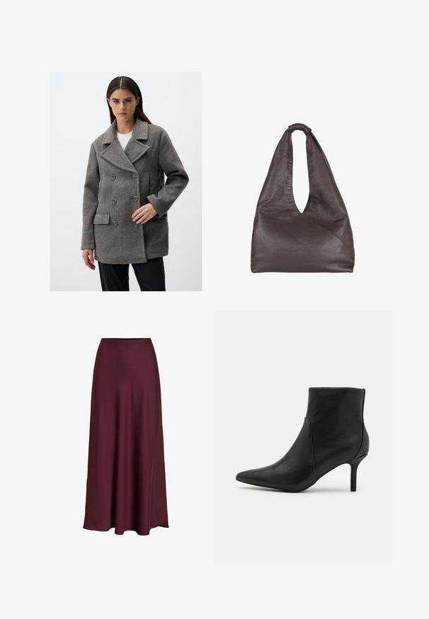 Grijze wollen dubbelbre are jas met gelapte revers, vier knopen, zijzakken en een getailleerde pasvorm. Hete soepele textuur met gestikte details.; Witte korte mouw t-shirt van katoen met een ronde hals en een relaxte pasvorm. Gladde textuur en geen zichtbare patronen of versieringen.; Bordeaux satijnen maxi rok met een zachte textuur, hoge taille en een vloeiende silhouet die zachtjes uitloopt naar de zoom.; Anna Field Enkelkaarsjes - black; Bruine leren tas met een slappe, oversized uitstraling. Beschikt over een lusvormige handgreep en een diepe V-vormige opening voor gemakkelijke toegang. Zachte textuur, minimalistische stijl.