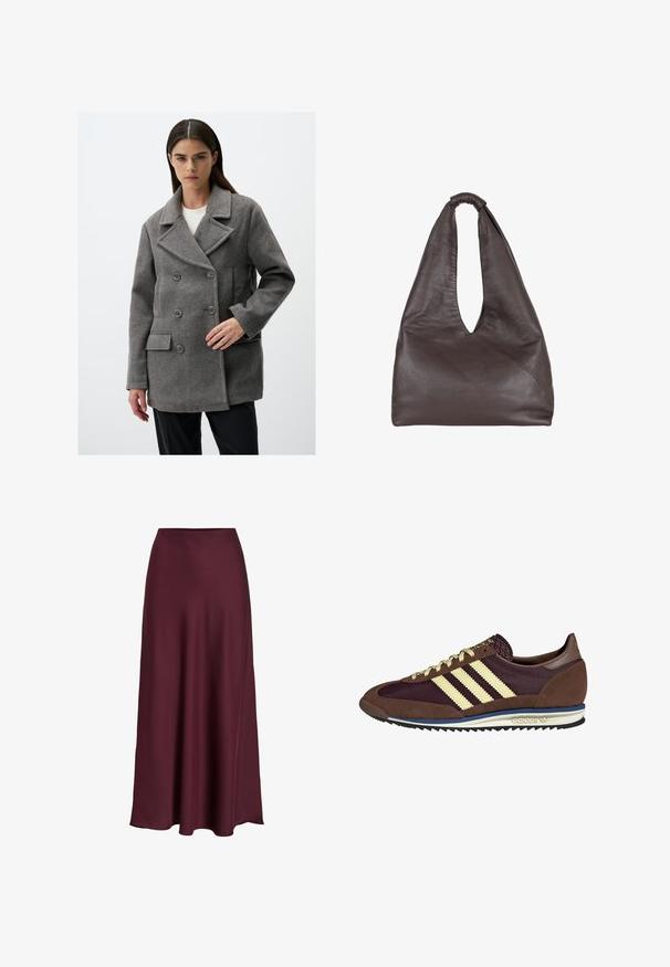 Cappotto grigio in lana a doppio petto con rever, quattro bottoni, tasche laterali e vestibilità sartoriale. Texture liscia con dettagli cuciti.; T-shirt bianca a maniche corte in cotone, con scollatura rotonda e vestibilità relaxed. Tessuto morbido e senza motivi o decorazioni visibili.; Gonna maxi in satin bordeaux con una texture liscia, vita alta e una silhouette fluida che si allarga delicatamente verso l'orlo.; Sneaker marrone e bordeaux realizzato in materiali scamosciati e in rete, caratterizzato da tre strisce color crema, tessuto testurizzato sulla linguetta e suola in gomma.; Borsa in pelle marrone con un design morbido e oversize. Presenta un manico ad anello e un'apertura a V profonda per un accesso facile. Texture morbida, stile minimalista.