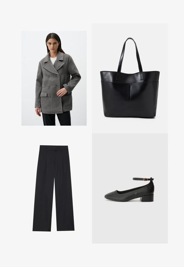Grijze wollen dubbelbre are jas met gelapte revers, vier knopen, zijzakken en een getailleerde pasvorm. Hete soepele textuur met gestikte details.; Zwarte langemouwen top met uitlopende manchetten, een zachte textuur en een relaxed fit, met een eenvoudige ronde halslijn.; Zwarte wijde broek met een gladde textuur, voorzien van twee voorplooien, een tailleband en zonder zichtbare hardware of zakken.; Zwarte leren pump met een spitse neus en een lage blokhak. Beschikt over een enkelband met een goudkleurige gespsluiting. Gladde textuur.; Zwarte leren tote bag met twee lange handvatten, een zachte textuur en een gestructureerde vorm. Voorzien van een voorvak voor extra opslagruimte.