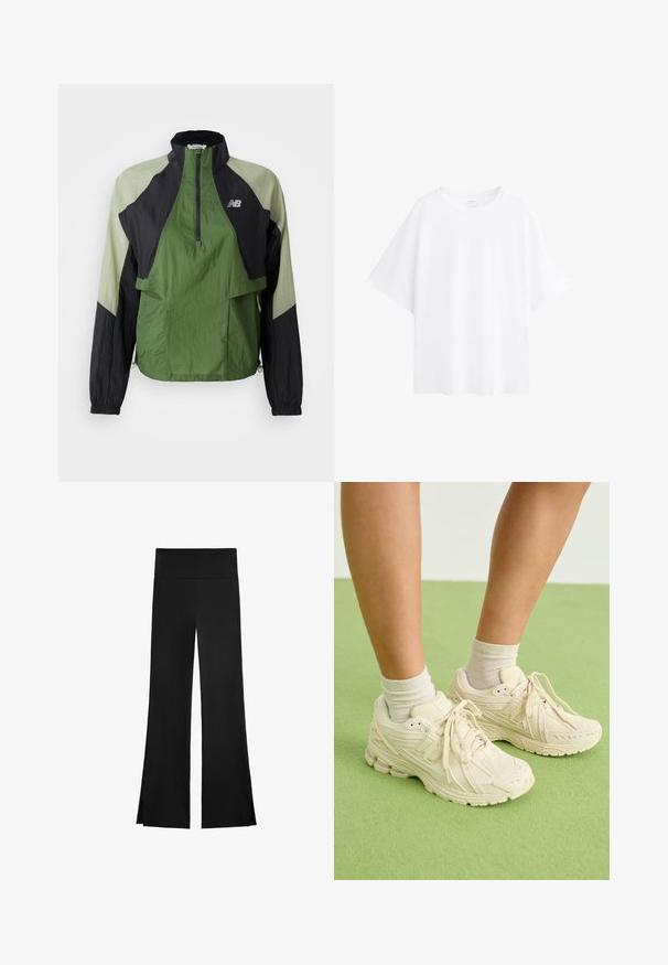 Jachetă ușoară verde și neagră cu fermoar pe un sfert, manșete elastice, două buzunare frontale și panouri contrastante dintr-un material texturat.; Tricou alb oversize din bumbac, cu mâneci scurte, decolteu rotund și textură netedă. Fără modele sau accente.; Pantaloni negri cu un design evazat, având un talie înaltă și slits laterale pentru o mișcare ușoară. Fabricat dintr-un material neted și elastic.; Adidași de culoare bej deschis, cu țesătură texturată, vârf rotund și talpă căptușită. Poartă șosete bej până la gleznă, pe o suprafață verde.