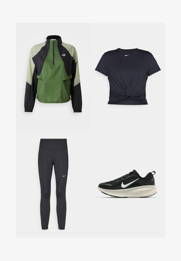 Green and black lightweight jacket with a quarter zip, elastic cuffs, two front pockets, and contrasting panels in a textured fabric.; Black athletic t-shirt made of smooth fabric, featuring a knotted front design and a small white Nike logo on the chest.; Black leggings made of stretchy fabric, featuring a high waistband and a white Nike logo on the left thigh. Smooth texture, form-fitting design.; Black Nike running shoe with breathable mesh upper, white swoosh logo, textured detailing, and a cream-colored ZoomX midsole.