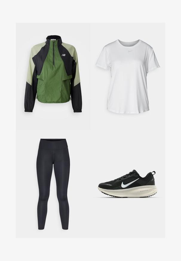 Zaļa un melna viegla jaka ar ceturtdaļas rāvējslēdzēju, elastīgiem aproču galiem, divām priekšējām kabatām un kontrastējošām paneļiem teksturētā audumā.; Balta īsām piedurknēm T-kreklā, kas izgatavota no gludas auduma, ar apaļo kakla izgriezumu un mazu pelēku Nike logo uz krūšu.; Melnas legingi, izgatavoti no gludas, elastīgas auduma. Augsts jostasvieta bez redzamām rakstiem vai akcentiem. Cieši pieguļ no jostas līdz potītēm.; Melnas Nike skriešanas kurpes ar elpojošu acs augšdaļu, baltu Swoosh logotipu, strukturētu apdari un krēmkrāsas ZoomX starpsole.