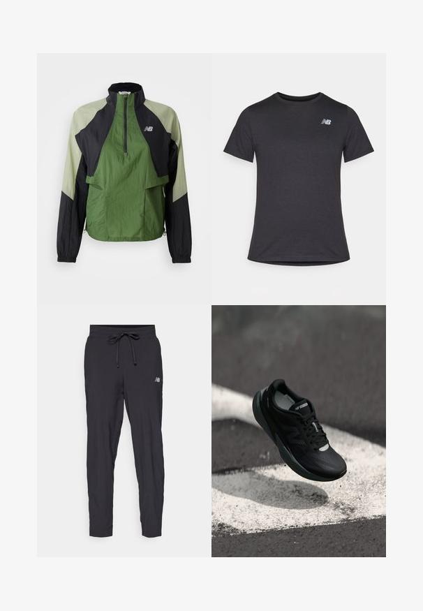 Giacca leggera verde e nera con zip a un quarto, polsini elasticizzati, due tasche frontali e pannelli a contrasto in un tessuto testurizzato.; T-shirt nera a maniche corte realizzata in tessuto morbido, con un piccolo logo grigio New Balance posizionato sulla parte superiore sinistra del petto, design classico con girocollo.; Pantaloni sportivi neri realizzati in materiale leggero con vita elasticizzata e cordoncino regolabile. Presentano un piccolo logo sul lato.; Scarpa da corsa nera con una tomaia testurizzata, design elegante e dettagli riflettenti. Presenta una suola morbida e ammortizzata per il comfort.