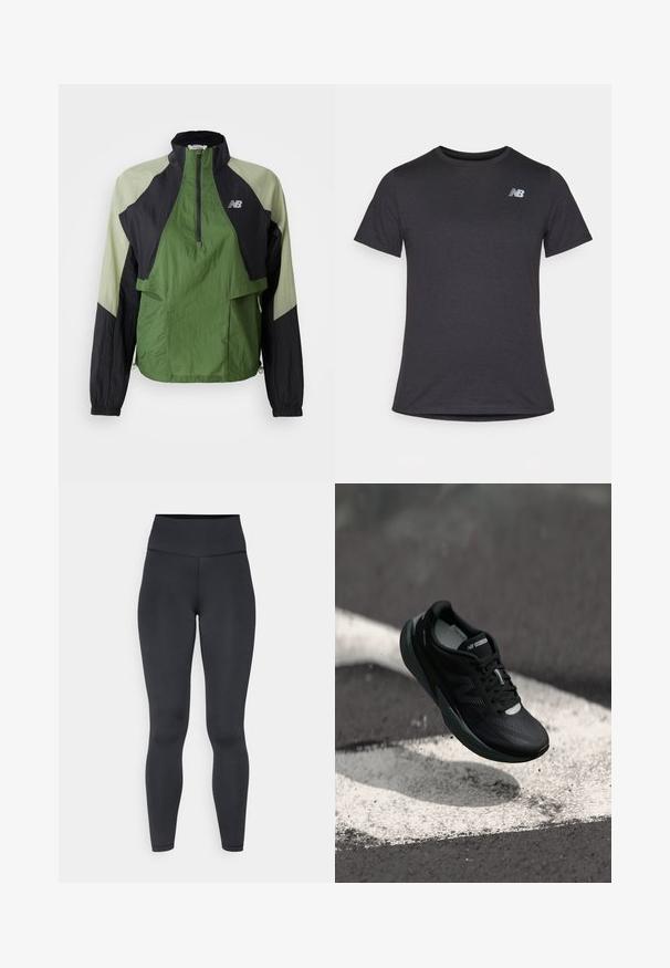 Lekka kurtka w kolorze zielonym i czarnym z ćwierć zamkiem, elastycznymi mankietami, dwiema przednimi kieszeniami oraz kontrastowymi panelami z teksturowanej tkaniny.; Czarny t-shirt z krótki rękawem, wykonany z miękkiej tkaniny, z małym szarym logo New Balance na górnej lewej części klatki piersiowej, klasyczny krój z okrągłym dekoltem.; Czarne legginsy o wysokim stanie, wykonane z elastycznego materiału, charakteryzujące się gładką fakturą i dopasowanym krojem, z minimalną ilością szwów.; Czarne buty do biegania z teksturowaną cholewką, smukłym designem i odblaskowymi akcentami. Posiadają miękką, amortyzującą podeszwę dla komfortu.