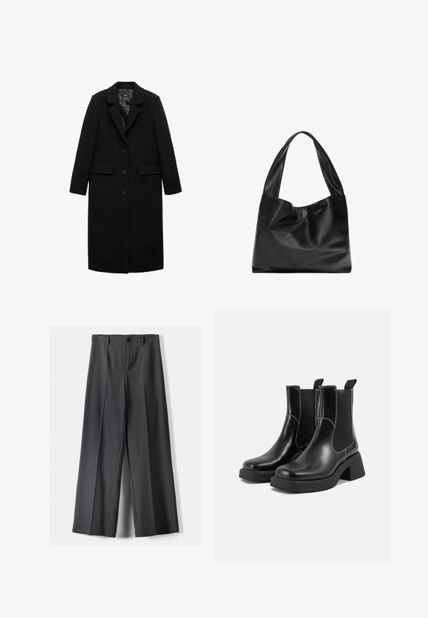 Lang sort uldfrakke med skræddersyet silhuet, reverskrave og lukning med tre knapper, der har to sidelommer og en glat foering.; Mørkegrå, cropped sweater med lange ærmer, en rund halsudskæring og en tekstureret overflade. Simpelt design uden mønstre eller udsmykninger.; Vidde-bukser i mørkegrå stof med knaplukning, frontfolder og bæltestropper. Glat tekstur med et skræddersyet design.; Sorte læder Chelsea-støvler med en kraftig hæl, elastiske sidepaneler og kontrastfarvet hvid syning. Tekstureret overflade.; Sort læder tote bag med et blødt, slattent design, brede håndtag og en glat tekstur. Ingen synlig hardware eller udsmykninger.