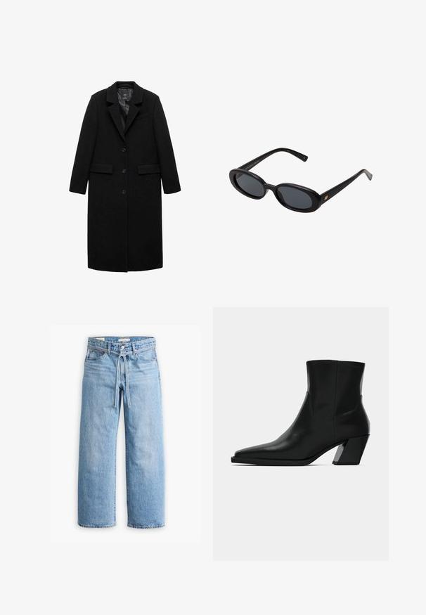 Dlhý čierny vlnový kabát so strihom na mieru, s klopovým golierom a zapínaním na tri gombíky, ktorý má dve bočné vrecká a hladkú podšívku.; Biely tričko s krátkym rukávom vyrobené z bavlny, s okrúhlym výstrihom a voľným strihom, bez viditeľných vzorov alebo grafiky.; Svetlomodré riflové nohavice so širokými nohavicami a vysokým pásom, s gombíkom a zipsovým zapínaním a šnúrkou na páse. Úprava s prirodzeným okrajom.; Čierna kožená členková topánka s špicatou špičkou, elegantným siluetou a masívnym štvorecovým podpätkom. Hladký povrch s minimálnymi švovými detailmi.; Čierne oversized slnečné okuliare s oválnymi šošovkami, hladkým plastovým rámom a zlatými akcentmi na straniciach. Tmavé šošovky poskytujú ochranu pred slnkom.; Hnedá semišová hobo taška s jedným ramenným popruhom, mäkkou textúrou a zaobleným tvarom. Obsahuje šev cez stred pre pridanie detailu.