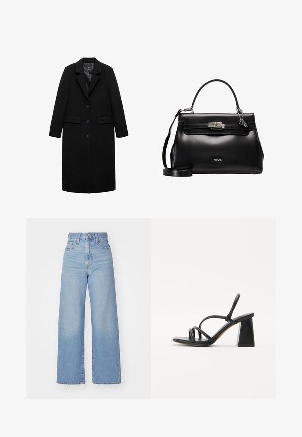 Lungo cappotto di lana nera con silhouette sartoriale, colletto a risvolto e chiusura a tre bottoni, dotato di due tasche laterali e una fodera liscia.; T-shirt nera a maniche corte realizzata in cotone morbido, con scollatura rotonda e taglio aderente. Nessun motivo o dettaglio visibile.; Jeans a vita alta blu chiaro con gamba larga, chiusura frontale con bottone e zip, tasche anteriori e posteriori, su uno sfondo bianco.; Sandal con tacco alto nero e quadrato, caratterizzato da più sottili cinturini che si incrociano sul piede e un design con schiena aperta. Texture in pelle liscia.; Borsa a tracolla in pelle nera con design strutturato, manico superiore, tracolla rimovibile e chiusura in tonalità argento. Presenta un logo leggermente in rilievo.