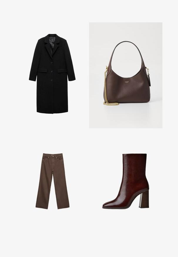 Lungo cappotto di lana nera con silhouette sartoriale, colletto a risvolto e chiusura a tre bottoni, dotato di due tasche laterali e una fodera liscia.; Maglietta a maniche corte marrone realizzata in tessuto morbido, con scollatura rotonda e vestibilità rilassata. Nessun motivo o dettaglio visibile.; Jeans a gamba larga marroni in denim, con vita alta, tasche anteriori e chiusura a bottone classica. Tessuto liscio con cuciture sottili.; Stivaletto marrone in pelle con punta affusolata, superficie liscia e alto tacco a blocco caratterizzato da scanalature verticali.; COACH BROOKLYN SHOULDER BAG 23 - Borsa a mano - maple