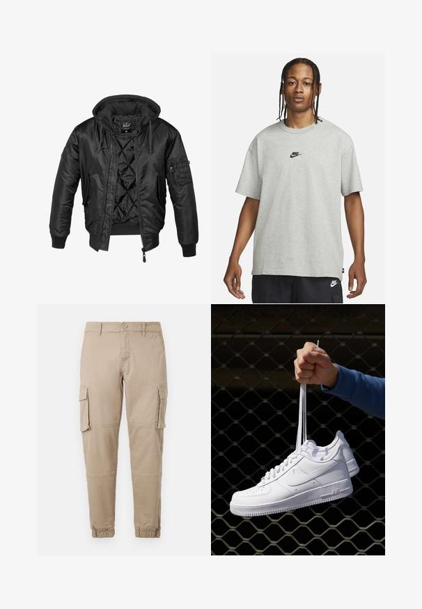 Melnā bomber jakas ar kapuci, izgatavota no spīdīga neilona, ar quiltētu oderi, ribotām aprocēm un ar rāvējslēdzēju kabatu uz piedurknes.; Jaunietis ar pītām matēm, kas valkā gaiši pelēku Nike T-kreklu un melnas Nike šortus uz vienkārša balta fona.; Bežīgas cargo bikses izgatavotas no viegla kokvilnas materiāla. Tām ir elastīgas aproces, vairākas sānu kabatas un pogu aizdare.; Baltas ādas sporta apavi ar perforācijām, apaļu purngali, plakanu zoli un biezām šņorēm, ar redzamu swoosh logo un vārdu "AIR" uz papēža.